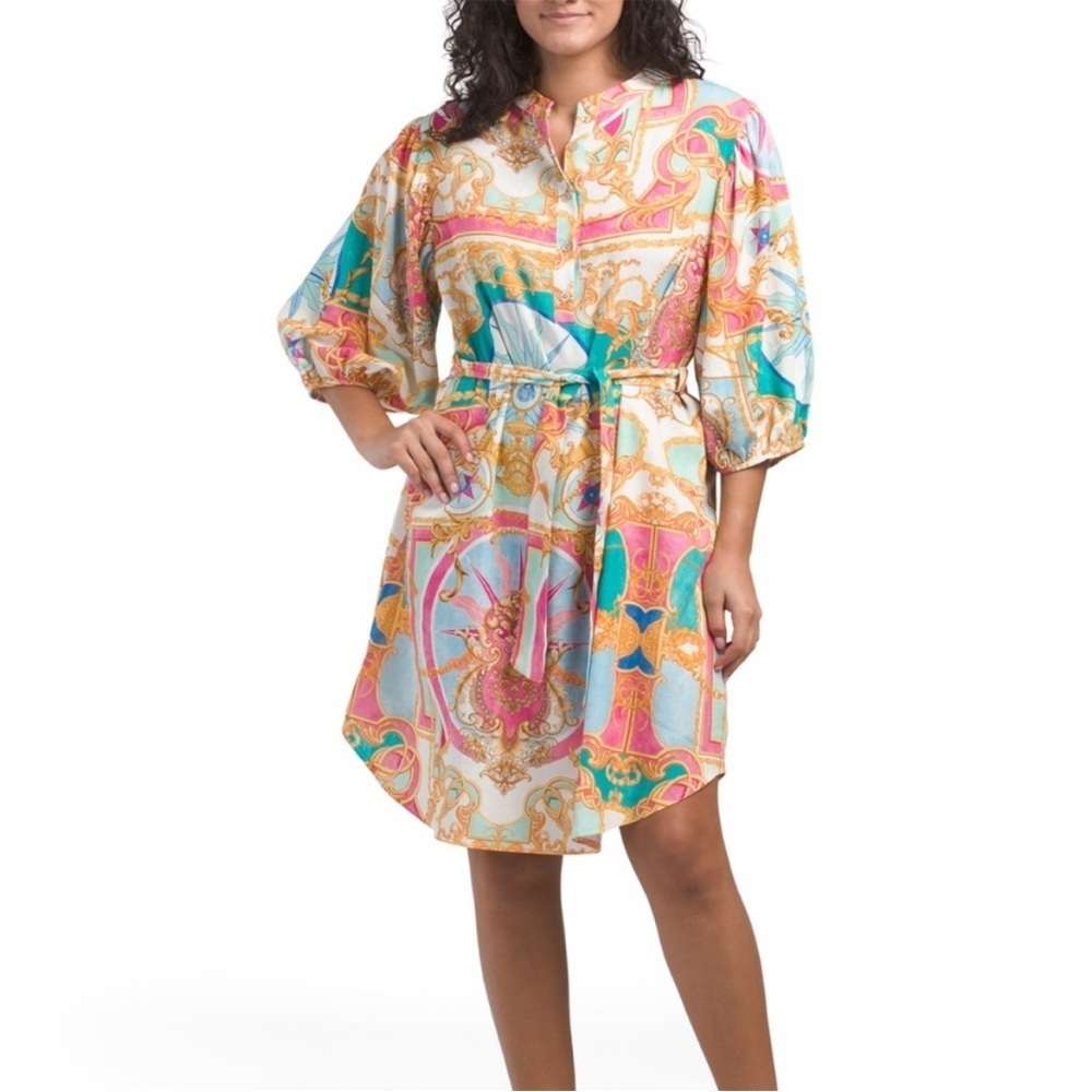 LE RAGAZZE  Linen Blend Status Print Tie Front Dress M
